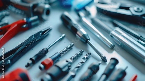 Fototapeta Blurry Philips screwdriver on white surface among multi tool accessories