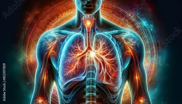 Fototapeta A close-up of an X-ray view of the human chest, highlighting a section in one lung with a glowing effect.