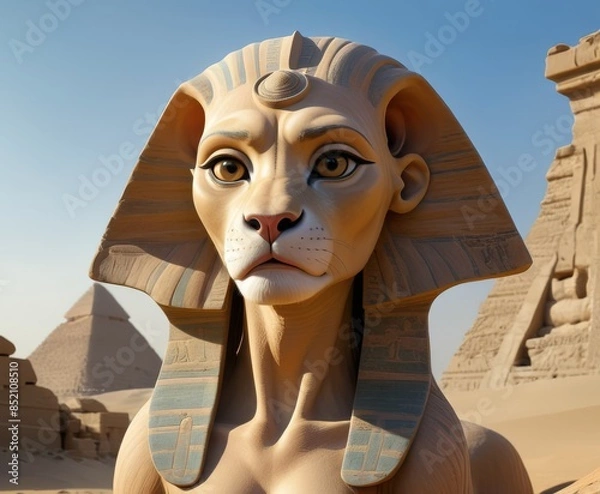 Obraz A detailed depiction of an ancient sphinx sculpture situated in a desert, with iconic pyramids in the background. The sphinx's lifelike expression and the historic setting evoke a sense of mystery and