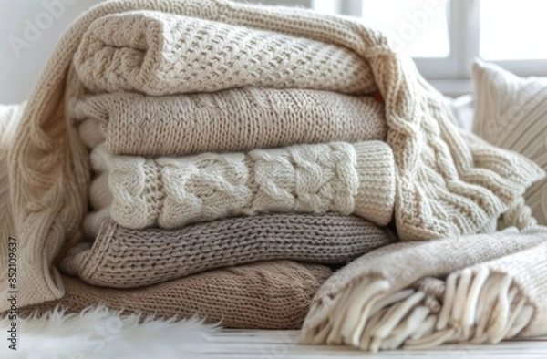 Fototapeta Stack of Knitted Blankets on White Wooden Surface