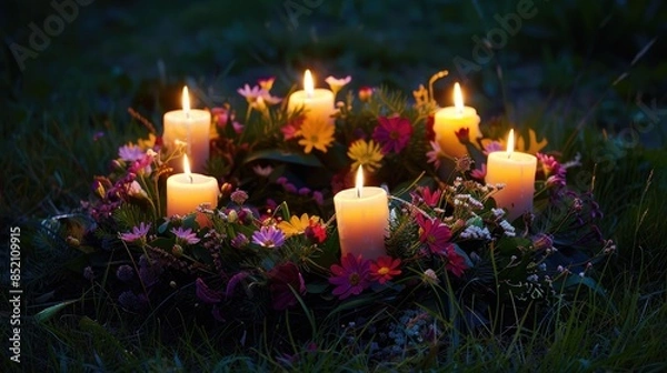 Fototapeta A vibrant flower wreath adorned with flickering candles sits gracefully on the evening meadow serving as a potent symbol of Summer Solstice Day Midsummer and the Litha sabbat This tradition