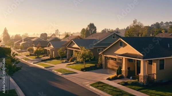 Fototapeta A suburban dawn with a sandy beige Craftsman style house, suburban streets in a neat row, suburban quiet pervasive, as the morning light gently illuminates the area.