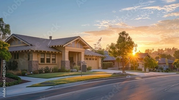 Fototapeta Dawn's soft light warmly illuminating a Craftsman style house in sandy beige, with empty suburban streets contributing to the tranquil scene.