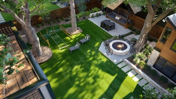 Fototapeta Overhead perspective of a suburban backyard designed for family activities, featuring a large artificial grass play area, a treehouse, and a seating area with a fire pit for evening gatherings.