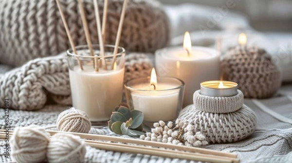 Fototapeta Cozy Candlelight and Knitted Textures