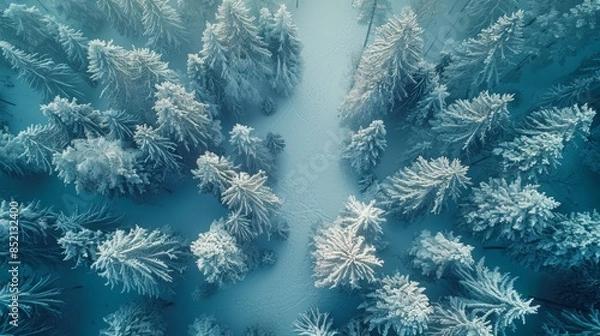 Fototapeta A misty pine forest from above, covered in a light layer of frost, creating a winter wonderland effect