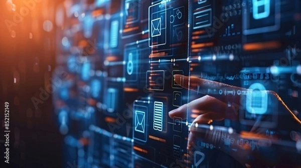 Fototapeta Interactive Digital Interface with a Finger Touching a Screen