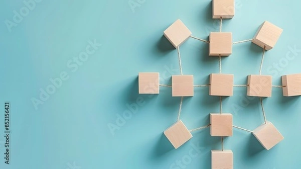 Fototapeta Teamwork concept with wooden blocks connected together with white tube on a blue carpet background.
