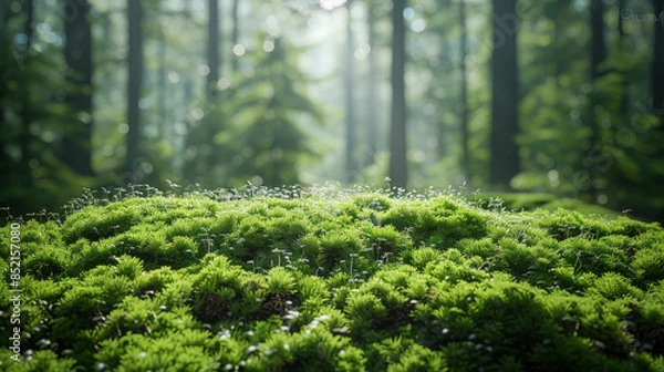 Obraz Green moss and background. Backdrop for displaying products. Dark forest background