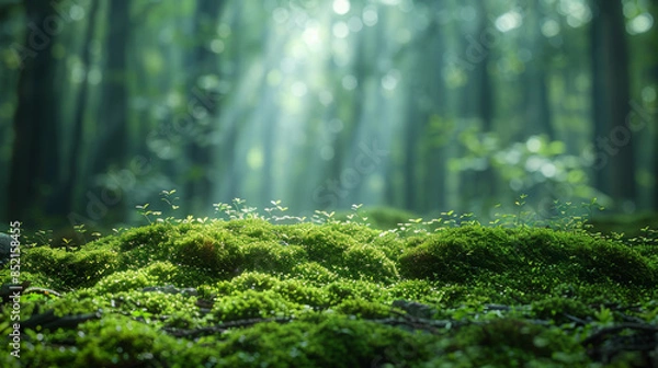Fototapeta Green moss and background. Backdrop for displaying products. Dark forest background