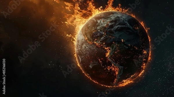 Fototapeta Earth discusses fire on black background, concept of future global warming.