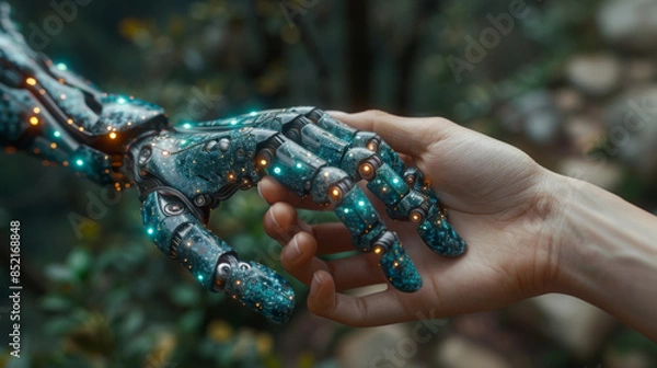 Obraz Hands of robot and human touching on DNA connecting in virtual interface on future, Science and innovation, Artificial intelligence technology concept