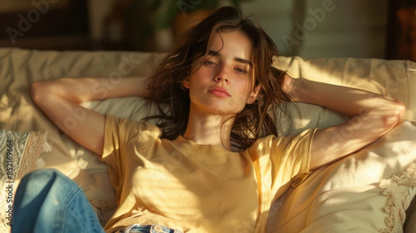 Fototapeta Relaxed Woman Lounging on Sofa in Sunlit Room with Casual Outfit and Content Expression, Embracing Tranquility and Comfort, Highlighting Natural Beauty and Calm Ambiance in Cozy Home Environment