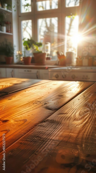 Fototapeta Sunlight Streaming Through Kitchen Window Onto Wooden Tabletop, Creating a Warm and Inviting Atmosphere with Natural Light and Indoor Plants Enhancing the Cozy, Serene Ambiance of the Home