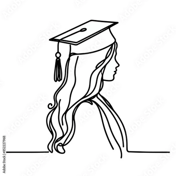 Fototapeta line art of graduated girl, Continuous line drawing of graduated girl, graduated girl with diploma, graduated girl with graduation cap, graduation