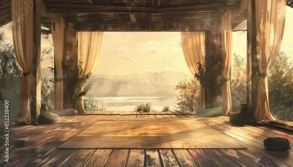 Fototapeta serene yoga retreat background with open space and natural elements digital painting