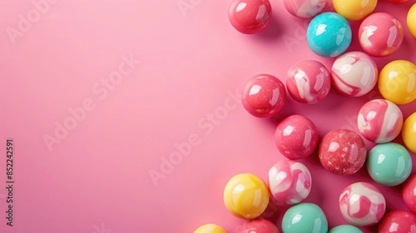 Fototapeta Variety of bubble gum on pink background with space for text