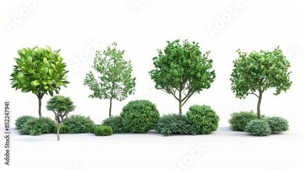 Fototapeta Various Trees and Bushes on White Background, Generative AI
