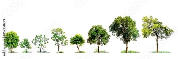 Fototapeta A line of trees with a white background. The trees are all black and are lined up in a row