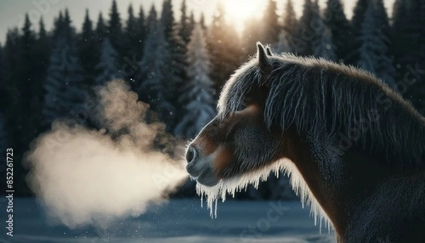 Fototapeta A close-up shot of the horse exhaling, with the breath visible as a mist in the cold air.