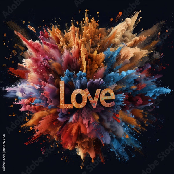 Fototapeta Smoke style color explosion illustration with the word love in the middle.