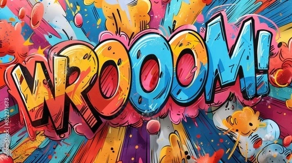 Fototapeta Dynamic Cartoon Comic Book Inspired Explosion Design with Wroom Text