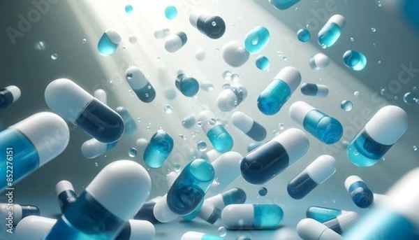 Fototapeta Medical capsules floating in the air