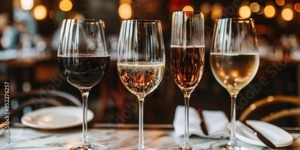 Fototapeta Three wine glasses are on a table, one of which is filled with red wine