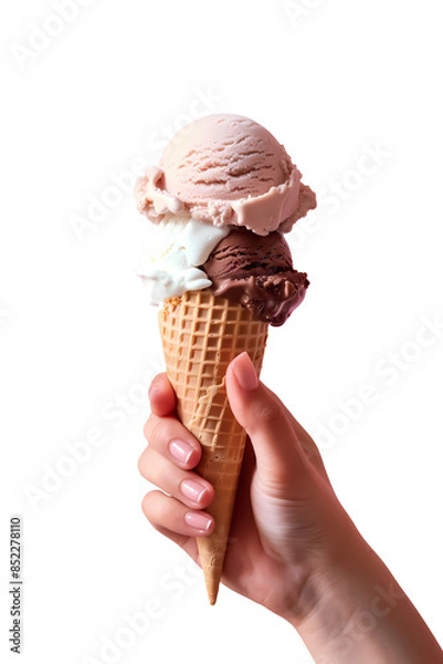 Fototapeta triple scoops of ice cream cone on hand.