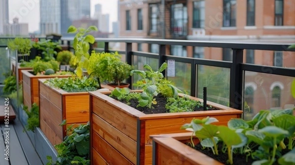 Fototapeta A series of raised beds on a city balcony being planted with a mix of edible greens and decorative plants, maximizing the limited space available for urban dwellers to connect with nature.