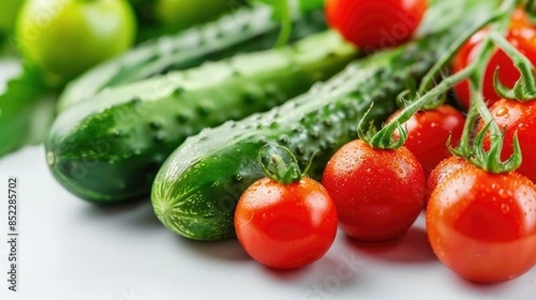 Obraz Cucumbers and cherry tomatoes white background captured in close up