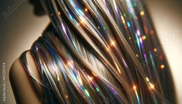 Fototapeta A close-up of hair extensions that include strands of holographic tinsel, adding a futuristic touch to the hairstyle.