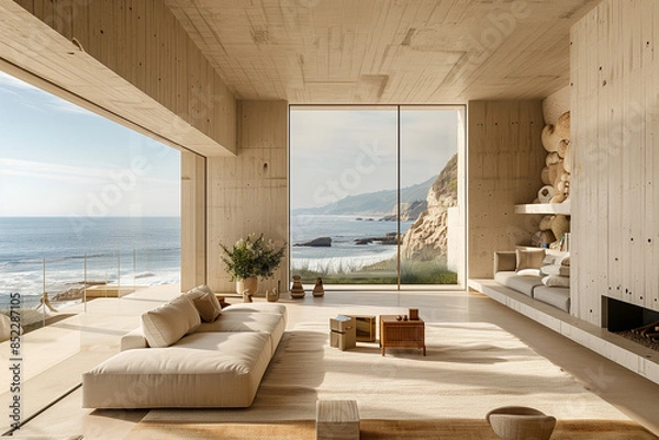 Fototapeta Serene beachfront villa interior in Malibu, USA with minimalist design, featuring driftwood textures, intricate details, and a clutter-free aesthetic for a tranquil and elegant coastal living experien