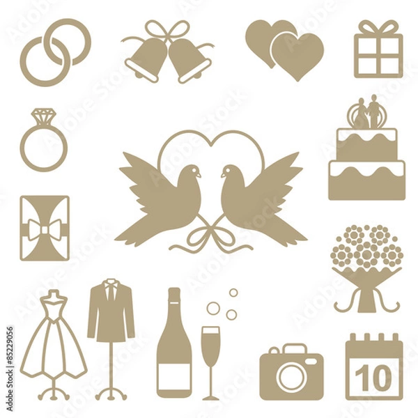 Obraz Wedding related vector silhouette icons set