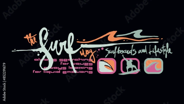 Obraz Vector illustration of handmade lettering with stylized waves and surfer. Art for printing on t-shirts and etc...