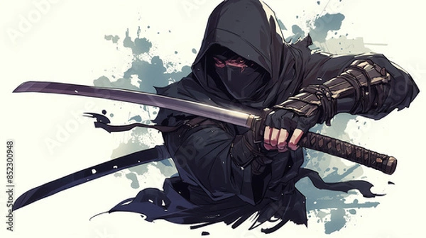 Obraz ninja with a katana in a dynamic pose on the isolated background