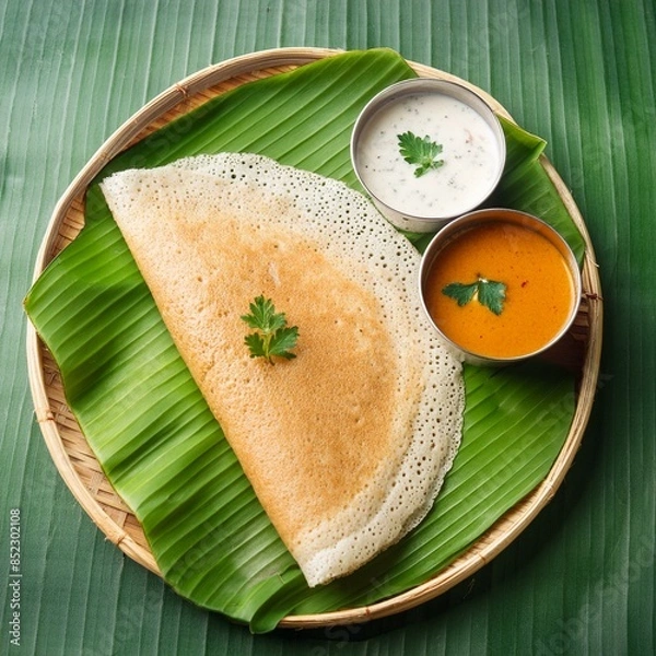 Obraz South indian food dosa also called dosai, dosey, or dosha served with  sambhar and coconut chutney