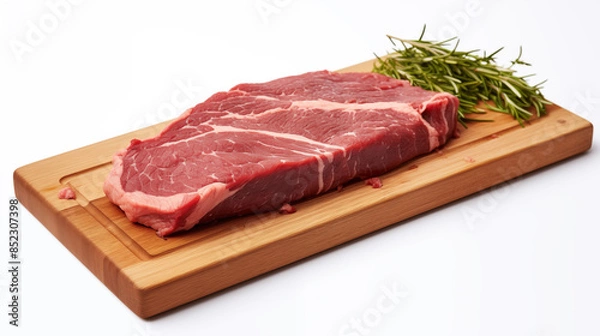 Fototapeta Beef on a wooden cutting board in the middle of a white background.