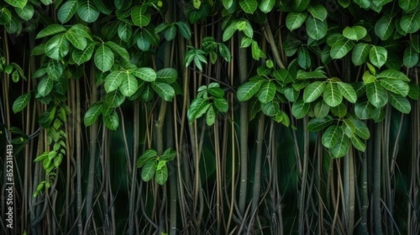 Obraz Wall covered with green leaves of banyan trees
