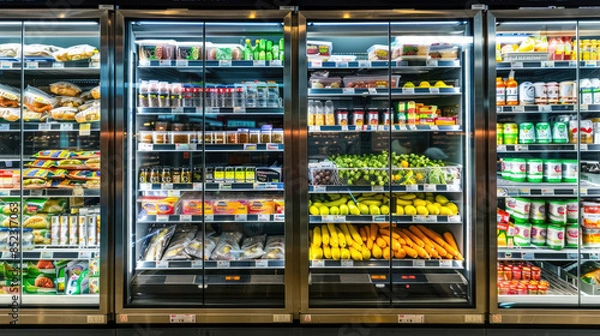 Fototapeta Freezer Shelves Stocked with Frozen Meat and Packed Lunch Boxes