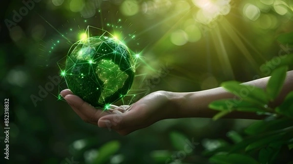 Fototapeta Hand holding green planet with leaves and technology network connection for environment protection concept, sustainable development , focus on hand with blurred background of nature forest.