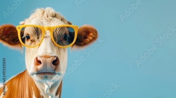 Fototapeta Cow wearing sunglasses on blue background with empty space