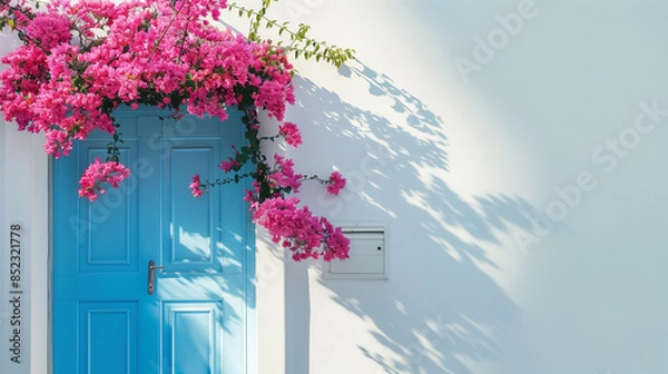 Obraz A blue door with a white trim sits in front of a tree with pink flowers. The door is open, inviting people to enter. The scene has a peaceful and welcoming atmosphere