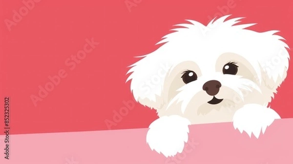 Fototapeta Illustration of a cute, fluffy white cartoon dog peeking over an edge with a curious expression, set against a pink and red background