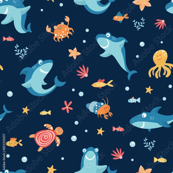 Fototapeta Seabed pattern with sharks, octopuses, turtles, fish and other marine elements. Children's style art.
