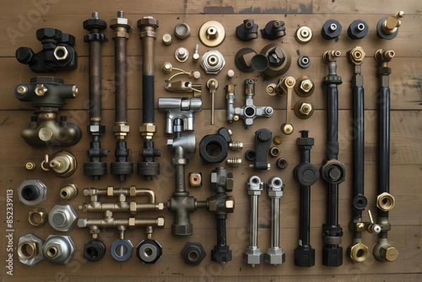 Fototapeta A meticulously arranged collection of plumbing parts on a wooden surface, featuring brass, black, and silver components