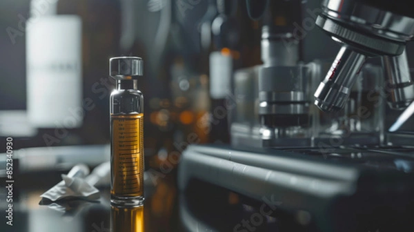 Obraz Development of steroids in the laboratory. There is a bottle of liquid on the table next to the microscope. The bottle is marked with many letters and numbers