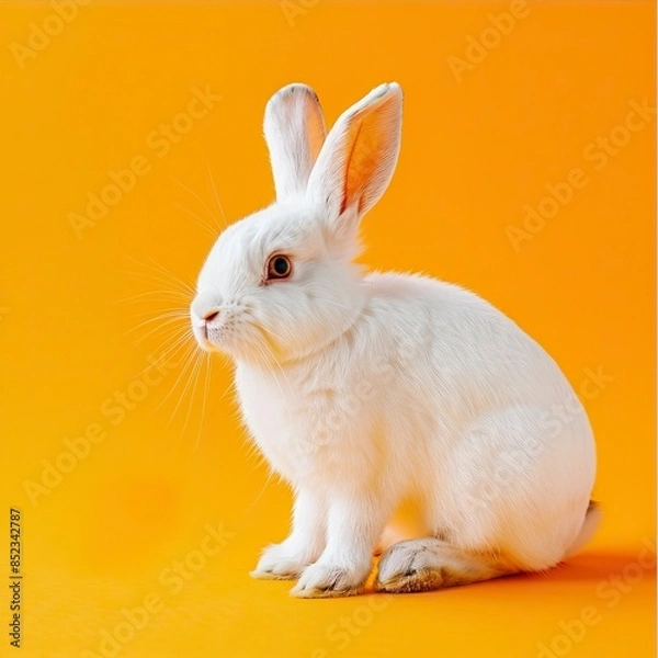 Fototapeta White easter rabbit on orange background