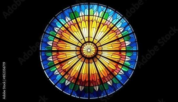 Fototapeta A close-up of a stained glass window featuring a radial design in bright, contrasting colors.