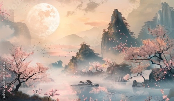 Fototapeta Painting of a beautiful, peaceful landscape with mountains and trees, asian, scenic view